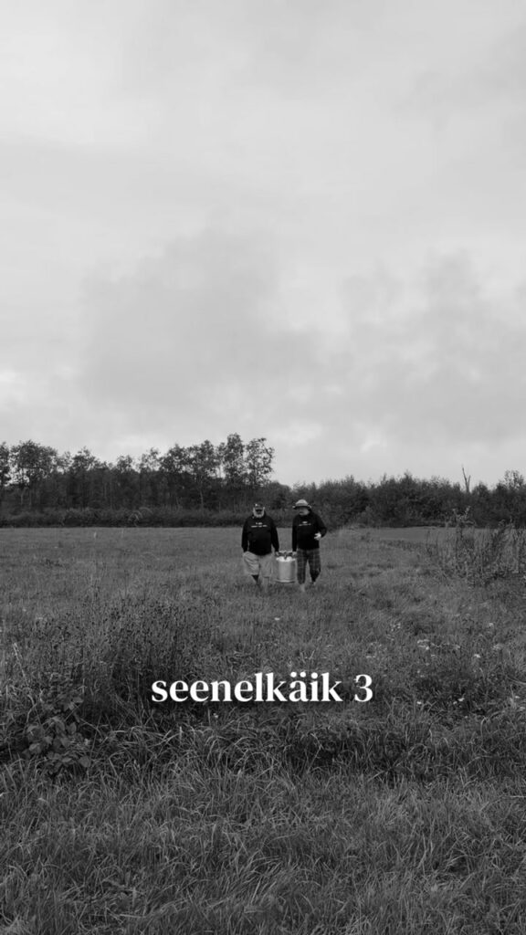 Seenelkäigu videoloo alguskaader – kaks Põldotsa meest piimanõuga heinamaal.