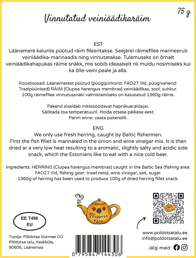 Põldotsa vinnutatud veiniäädikaräime pakendi tagakülg koostise ja säilitamisinfoga